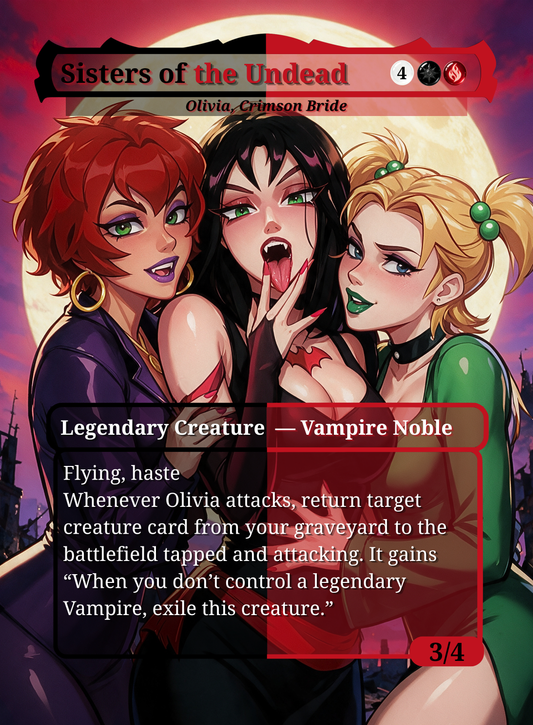 Olivia, Crimson Bride (Sisters of the Undead) #182, MTG layout preview: three vampire characters beneath a full moon.