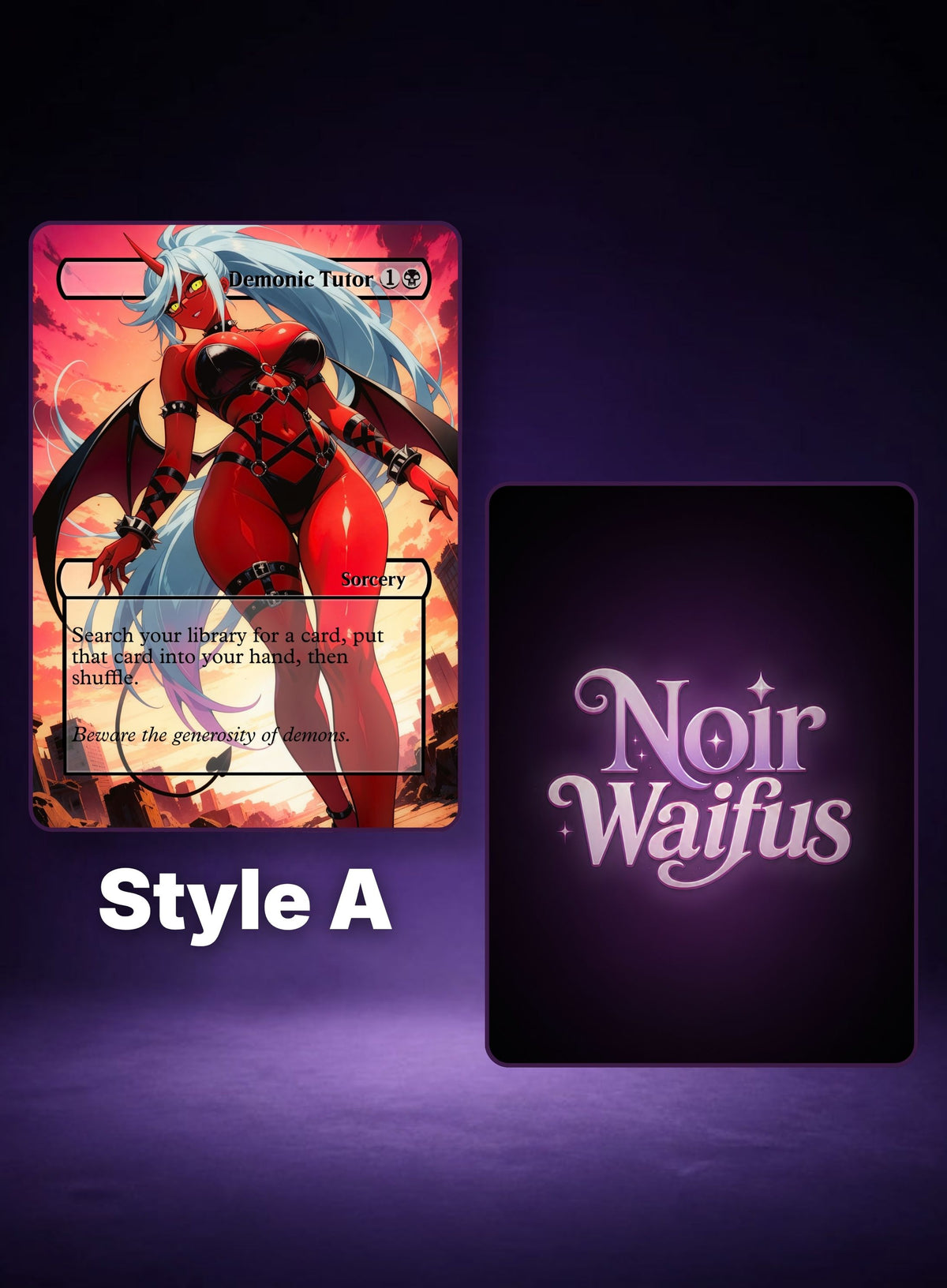 Demonic Tutor #135, Style A card preview displayed beside the NoirWaifus card back.