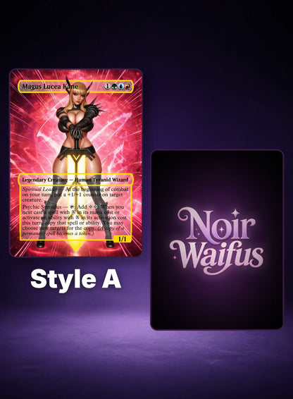 Magus Lucea Kane #111, Style A card preview displayed beside the NoirWaifus card back.