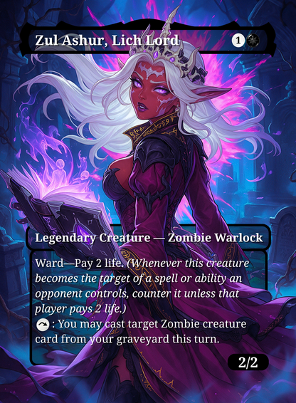 Zul Ashur, Lich Lord SFW proxy #190: white-haired necromancer with a glowing spellbook, shown with card name and rules text.