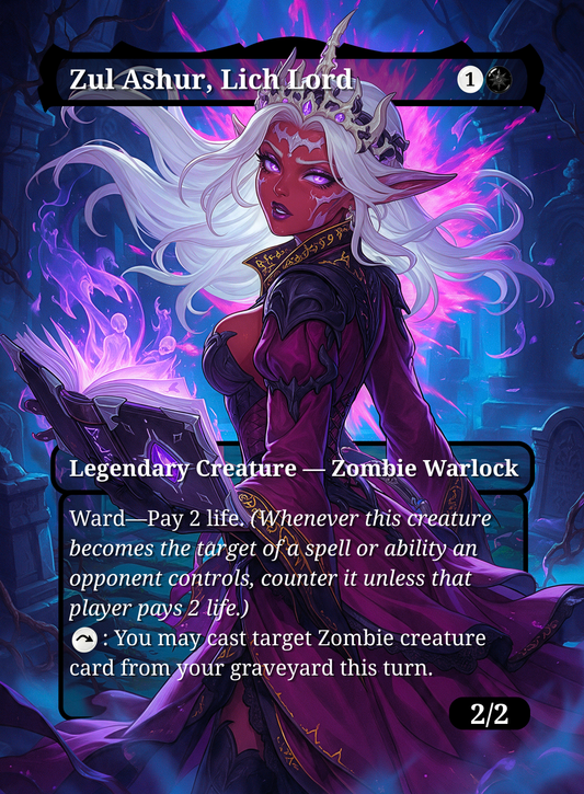 Zul Ashur, Lich Lord SFW proxy #190: white-haired necromancer with a glowing spellbook, shown with card name and rules text.