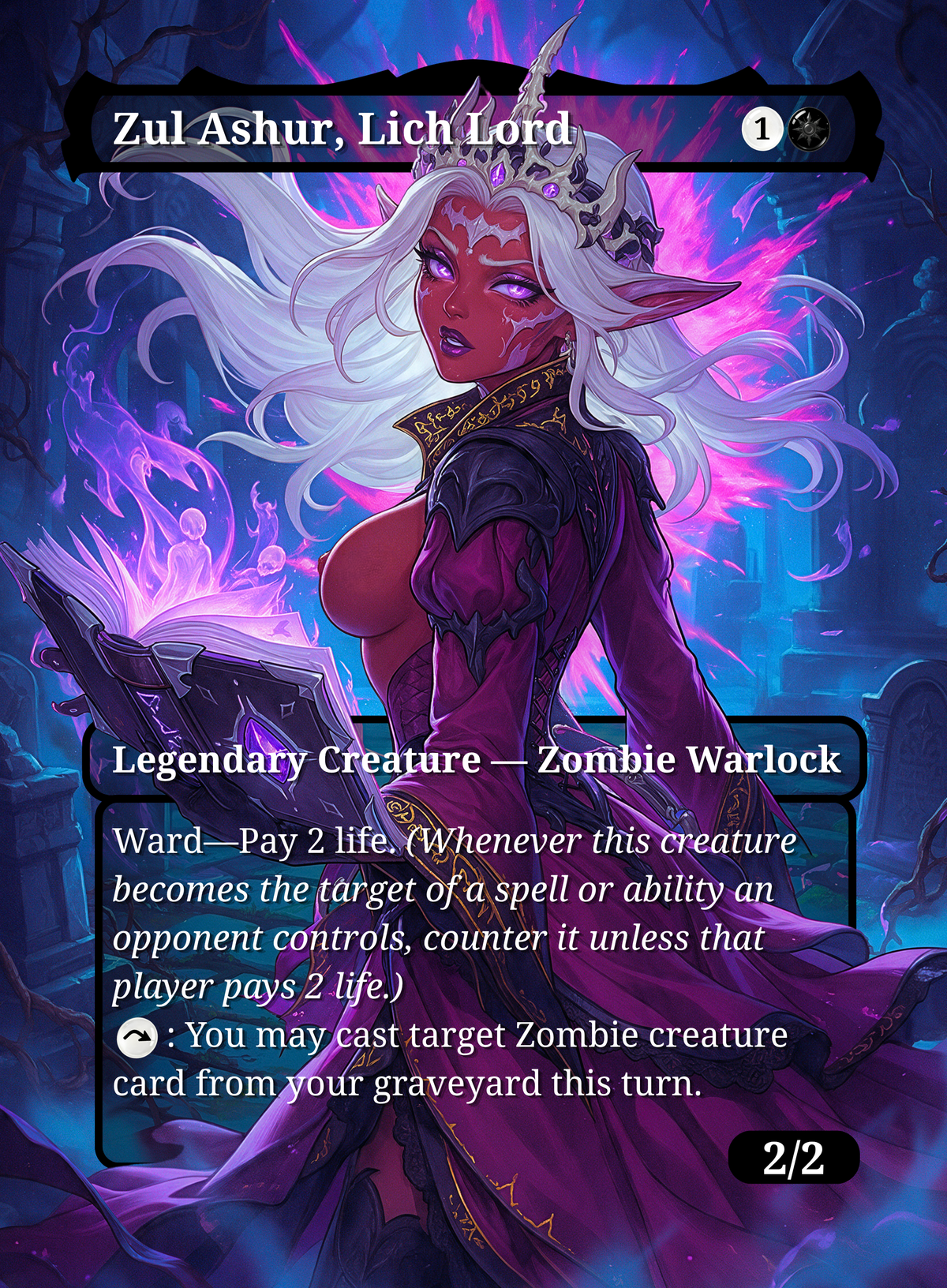 Zul Ashur, Lich Lord NSFW proxy #190: white-haired necromancer with a glowing spellbook, shown with card name and rules text.