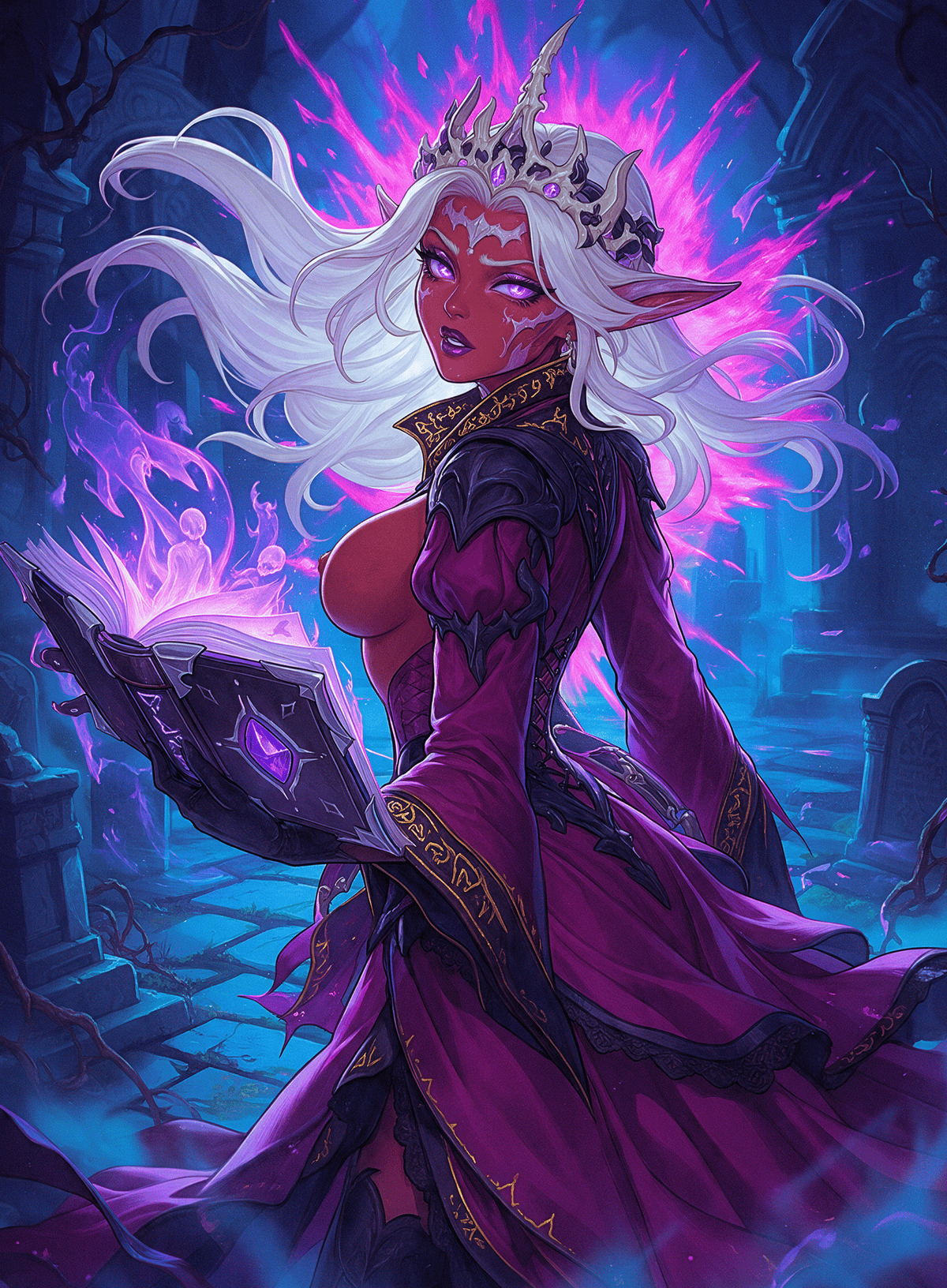 Zul Ashur, Lich Lord NSFW Full art #190: crowned necromancer in blue ruins with violet magic, without a rules-text overlay.