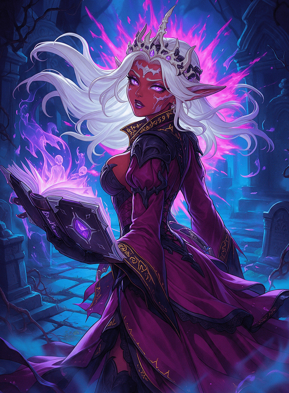 Zul Ashur, Lich Lord SFW Full art #190: crowned necromancer in blue ruins with violet magic, without a rules-text overlay.