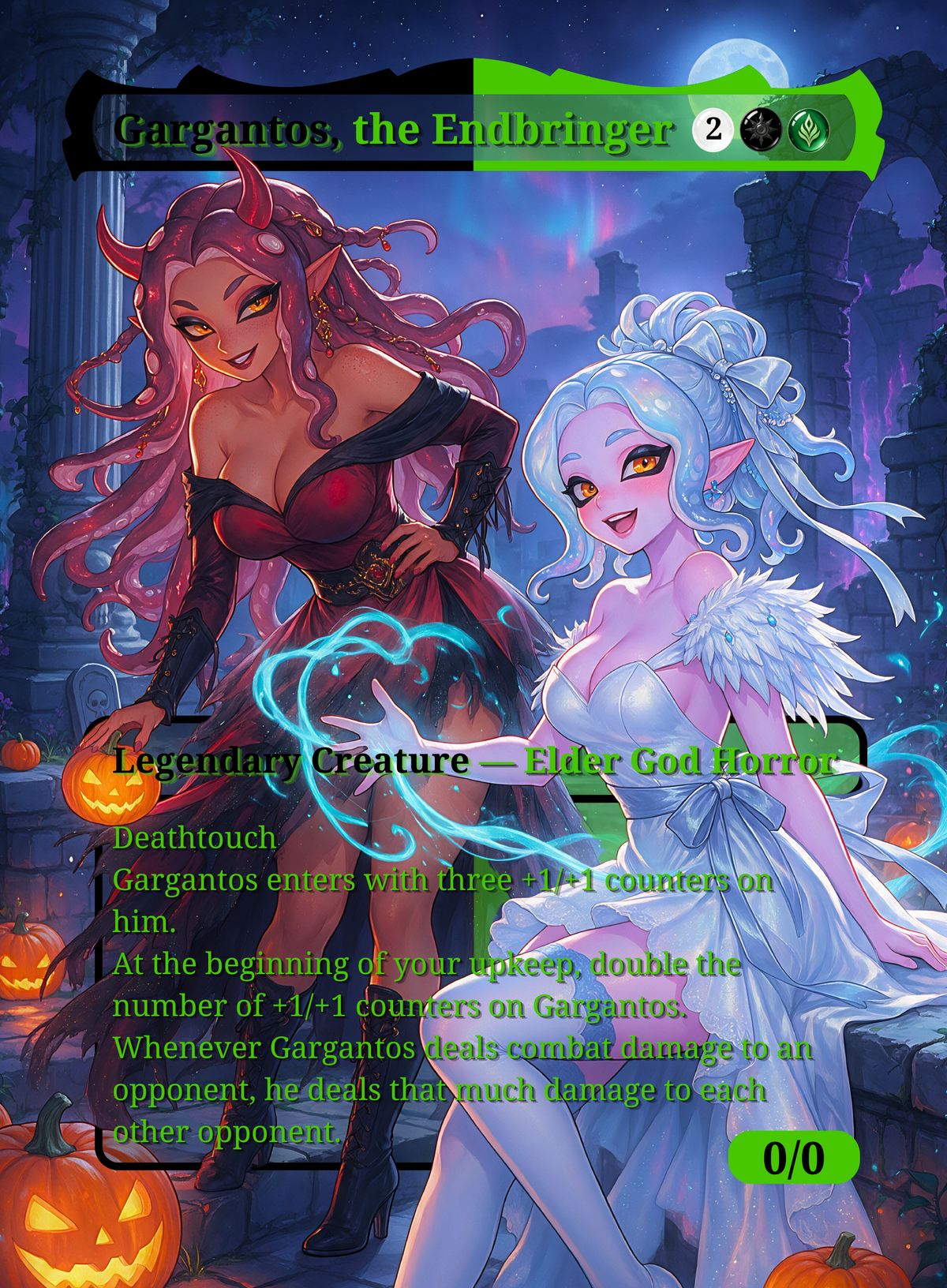 Gargantos, the Endbringer SFW proxy #191: two fantasy figures among moonlit ruins and pumpkins, shown with card name and rules text.