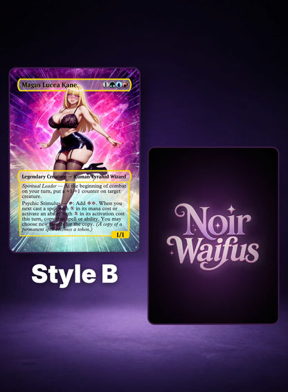 Magus Lucea Kane #111, Style B card preview displayed beside the NoirWaifus card back.