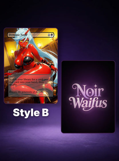 Demonic Tutor #135, Style B card preview displayed beside the NoirWaifus card back.
