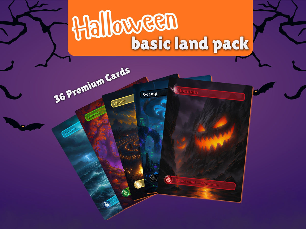 Halloween Basic Lands pack cover showing sample lands and the 36-card quantity.