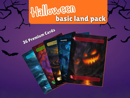 Halloween Basic Lands pack cover showing sample lands and the 36-card quantity.