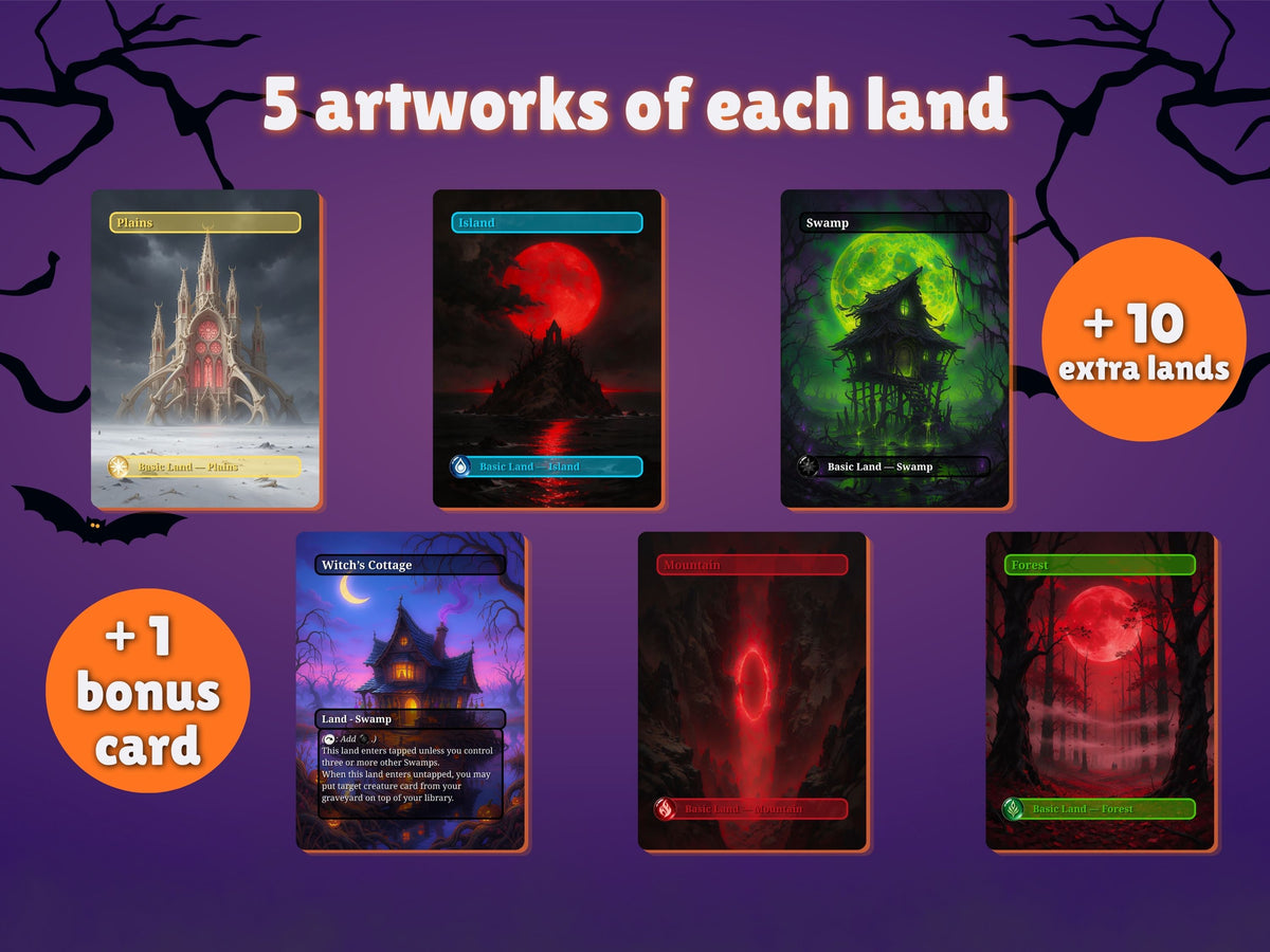 Halloween Basic Lands overview showing five artworks per basic land type, ten extra copies and one bonus card.