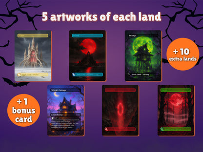 Halloween Basic Lands overview showing five artworks per basic land type, ten extra copies and one bonus card.