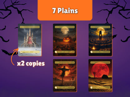 Halloween Basic Lands Plains preview showing five artworks and seven Plains cards.