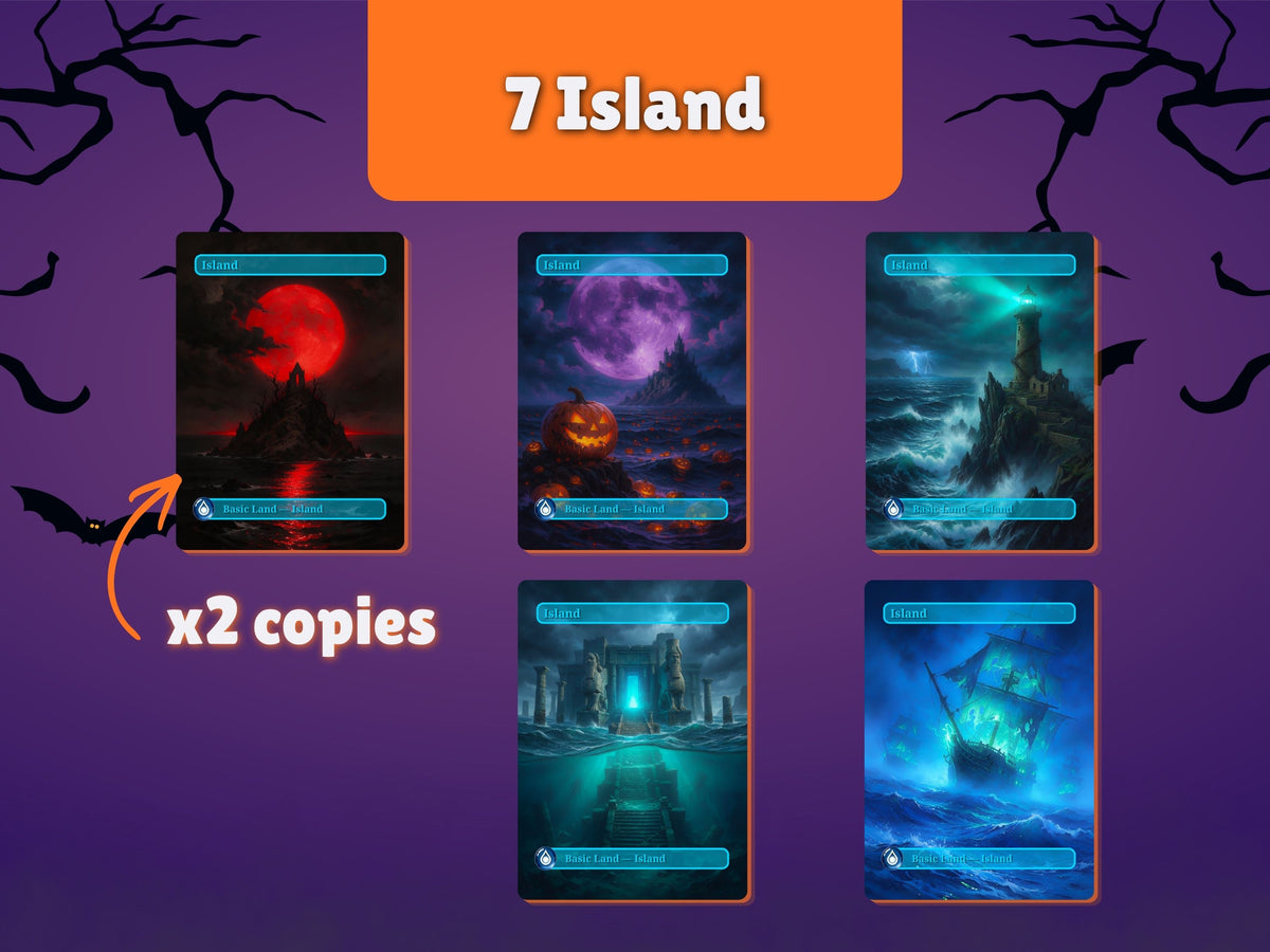 Halloween Basic Lands Island preview showing five artworks and seven Island cards.