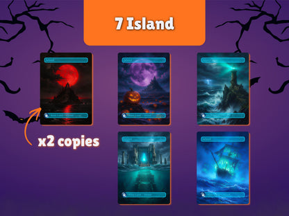 Halloween Basic Lands Island preview showing five artworks and seven Island cards.