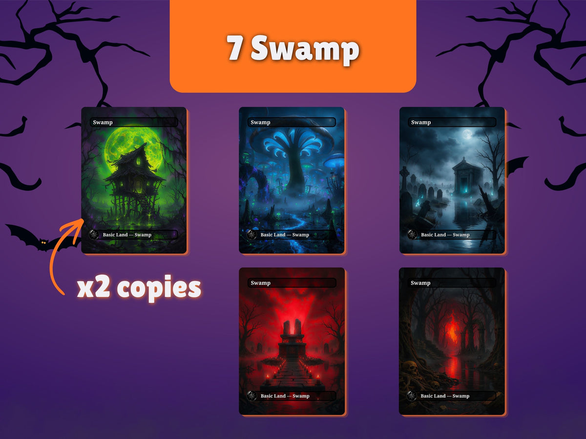 Halloween Basic Lands Swamp preview showing five artworks and seven Swamp cards.