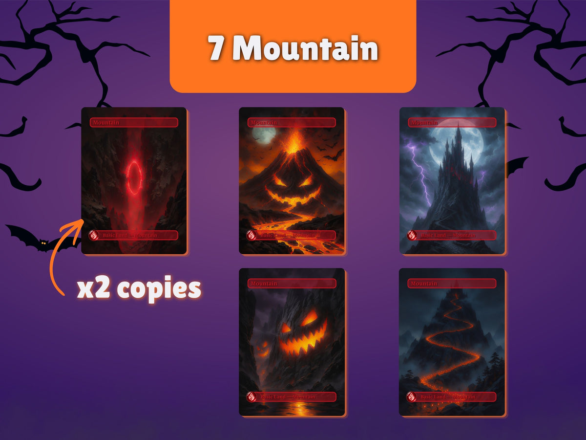 Halloween Basic Lands Mountain preview showing five artworks and seven Mountain cards.