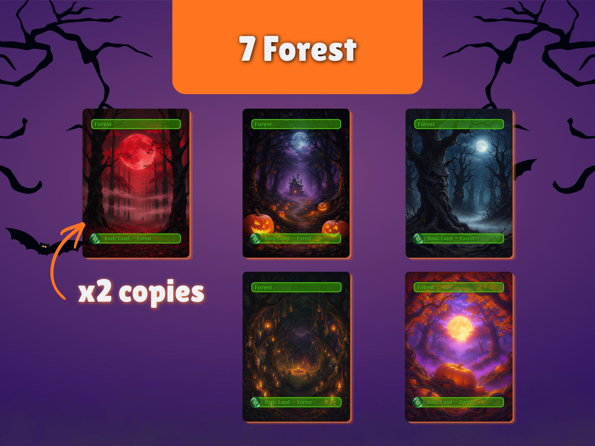Halloween Basic Lands Forest preview showing five artworks and seven Forest cards.