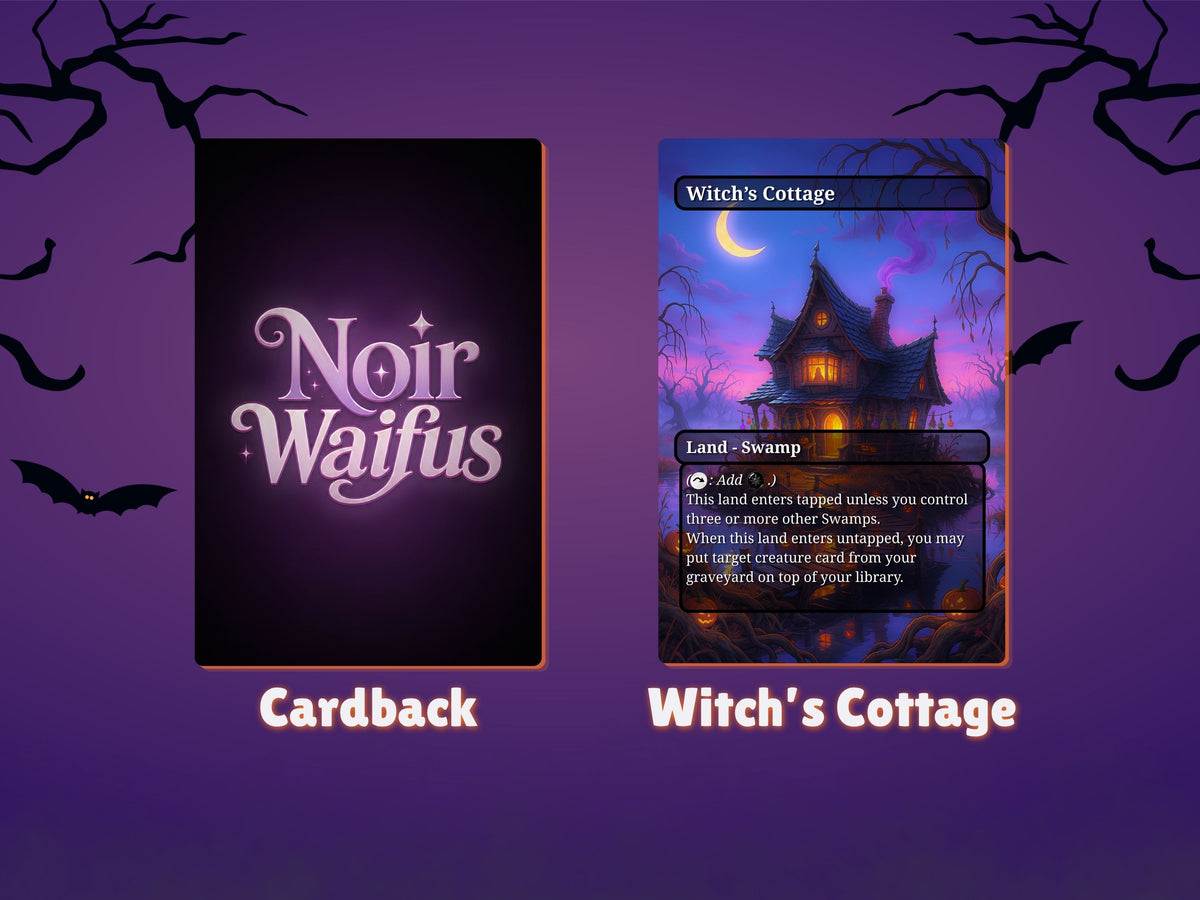 NoirWaifus card back beside the Halloween pack bonus Witch’s Cottage card.