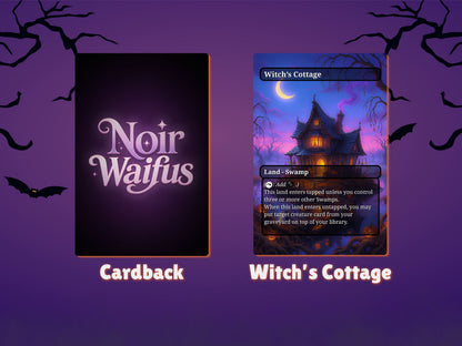 NoirWaifus card back beside the Halloween pack bonus Witch’s Cottage card.