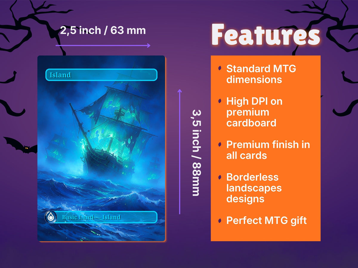 Halloween Basic Lands feature diagram showing a card measuring 63 × 88 mm.