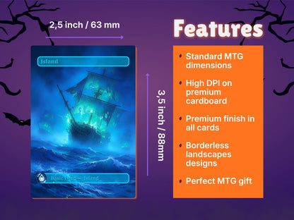 Halloween Basic Lands feature diagram showing a card measuring 63 × 88 mm.