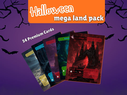 Halloween Mega Lands 54-card MTG proxy pack cover with Blood Crypt, Misty Rainforest, Plateau, Morphic Pool and Indatha Triome.