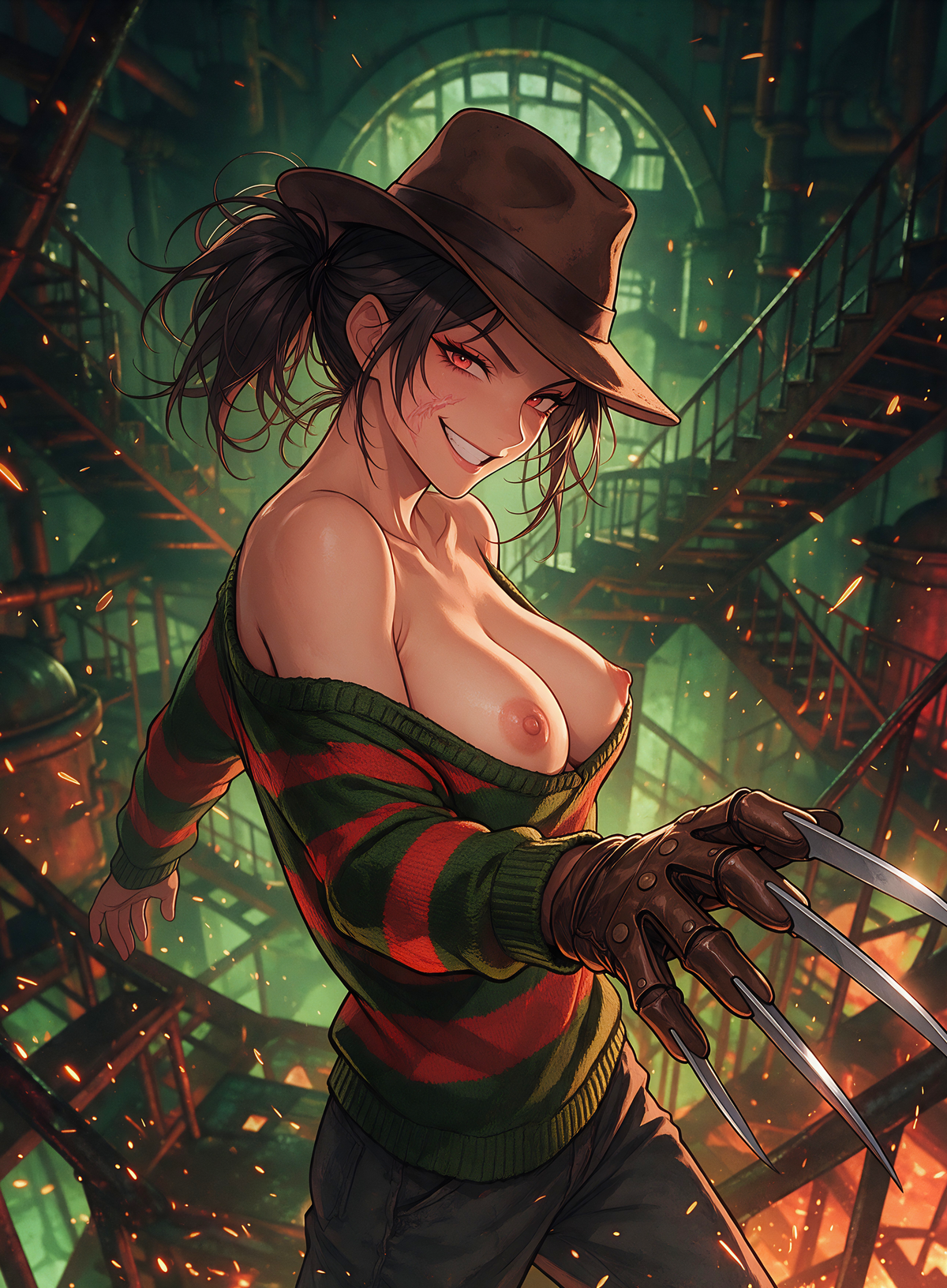 Genderbend Killers Umbris NSFW Full art: figure in a striped outfit and brown hat in an industrial interior, without a card-text overlay.