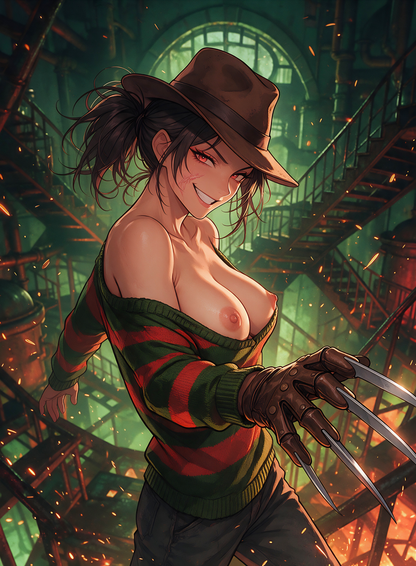Genderbend Killers Umbris NSFW Full art: figure in a striped outfit and brown hat in an industrial interior, without a card-text overlay.