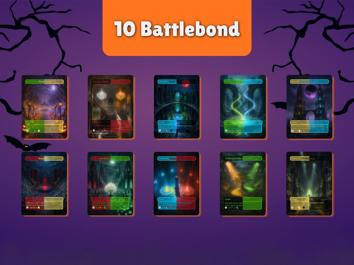 Ten Halloween Battlebond land proxies with borderless artwork, including Morphic Pool, Sea of Clouds and Luxury Suite.