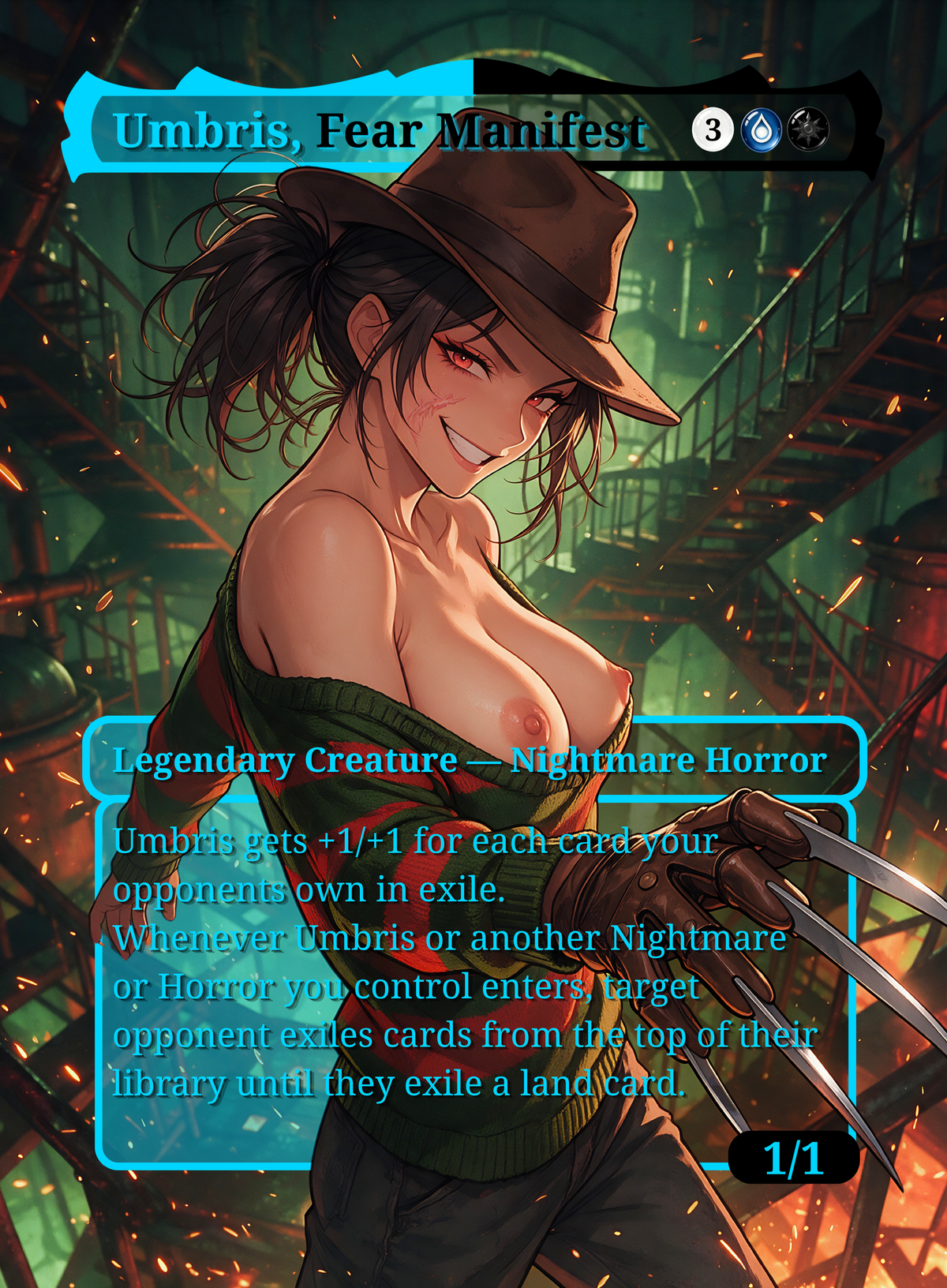Genderbend Killers Umbris NSFW MTG proxy: figure in a striped outfit and brown hat in an industrial interior, with card name and gameplay text.