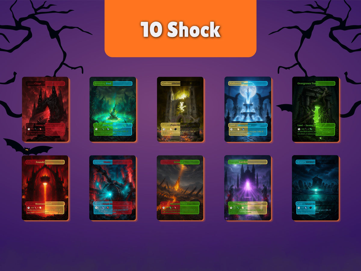 Ten Halloween shock land proxies with borderless artwork, including Blood Crypt, Breeding Pool and Steam Vents.