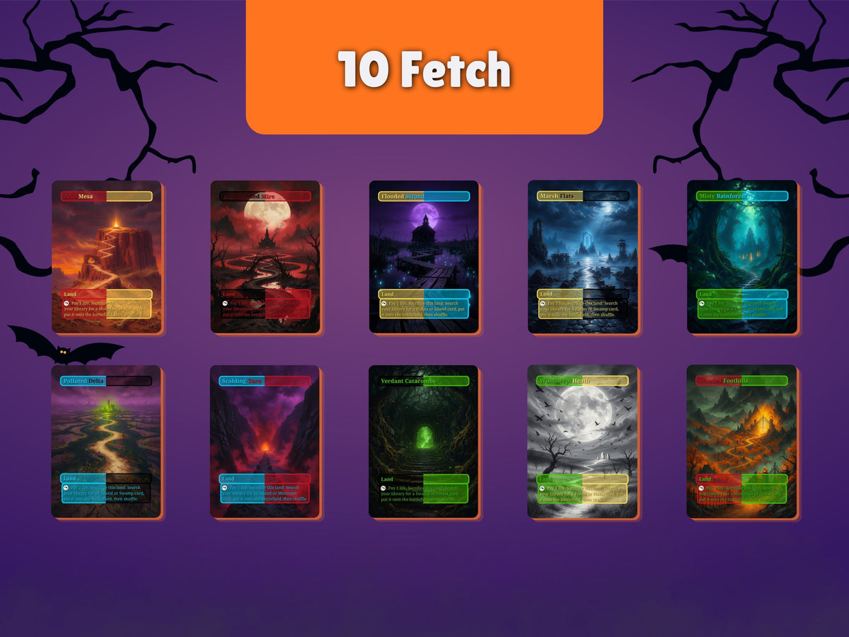 Ten Halloween fetch land proxies with borderless artwork, including Misty Rainforest, Flooded Strand and Scalding Tarn.
