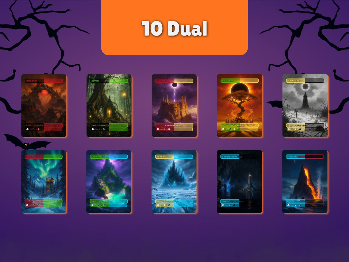 Ten Halloween original dual land proxies with borderless artwork, including Underground Sea, Tundra and Volcanic Island.