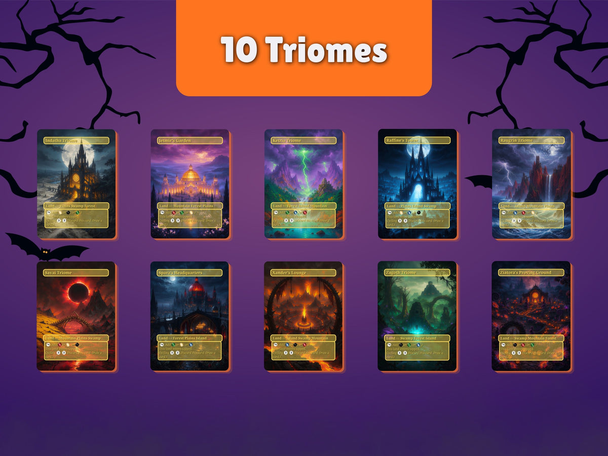 Ten Halloween triome land proxies with borderless artwork, including Indatha Triome, Jetmir’s Garden and Raffine’s Tower.