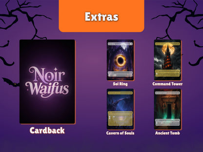 NoirWaifus card back and the four Mega Lands extras: Sol Ring, Command Tower, Cavern of Souls and Ancient Tomb.