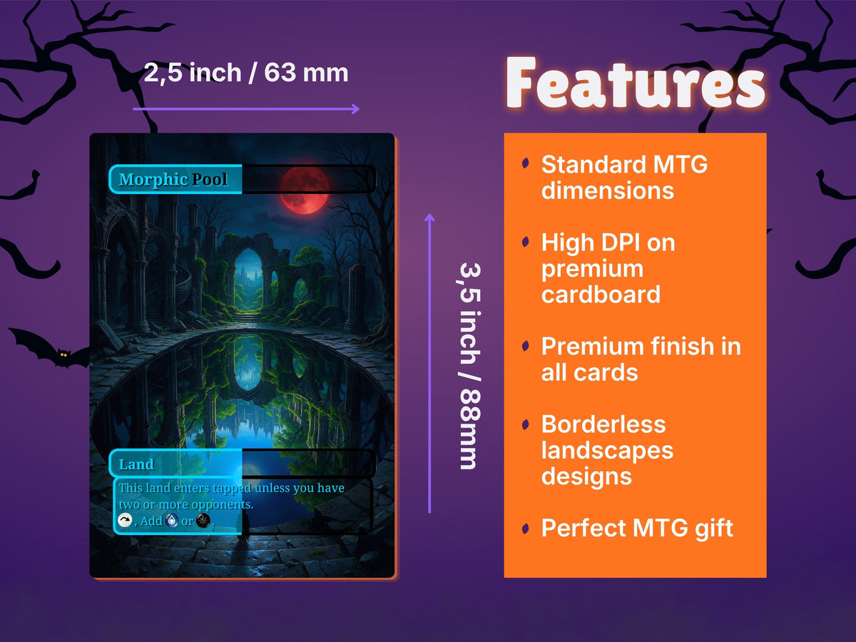Halloween Morphic Pool proxy card with a size diagram showing 63 by 88 mm and borderless landscape artwork.