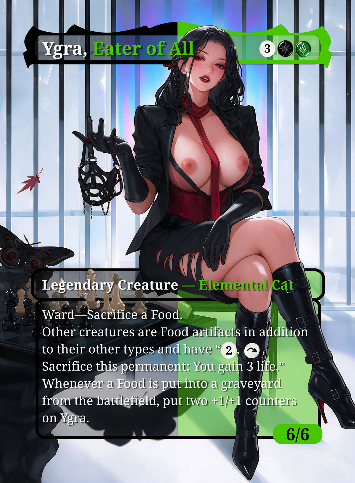 Genderbend Killers Ygra NSFW MTG proxy: dark-haired figure beside a chessboard in a bright room, with card name and gameplay text.