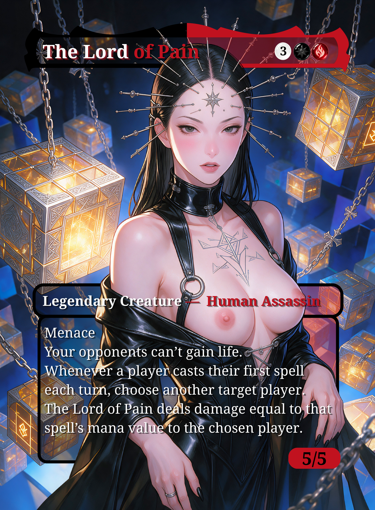 Genderbend Killers Lord of Pain NSFW MTG proxy: gothic figure surrounded by chains and glowing geometric lanterns, with card name and gameplay text.