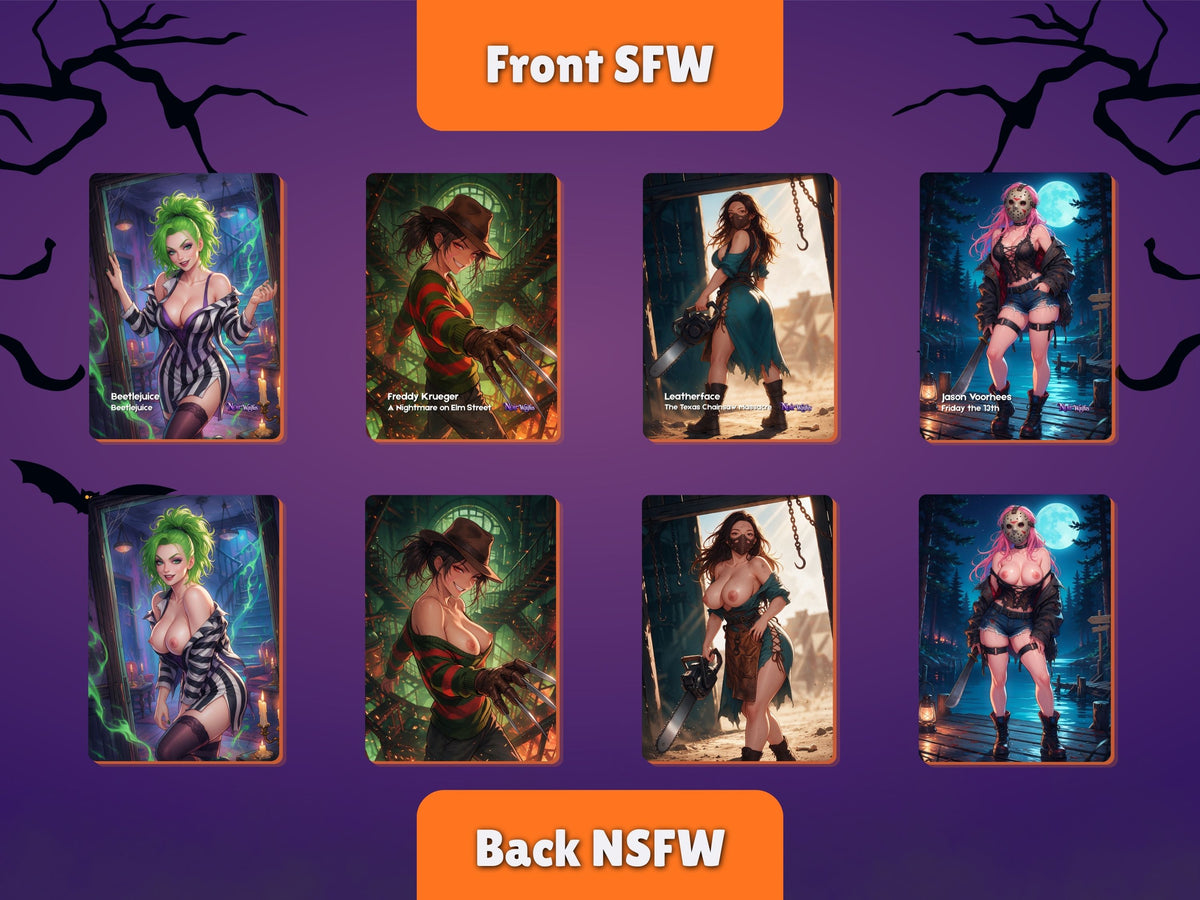 Genderbend Killers gallery preview 1: four horror costume designs with SFW fronts above and NSFW backs below.