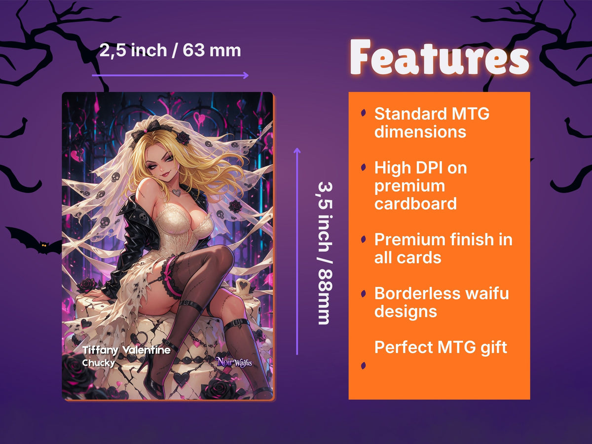 Genderbend Killers card size guide showing 63 by 88 mm dimensions and borderless artwork.