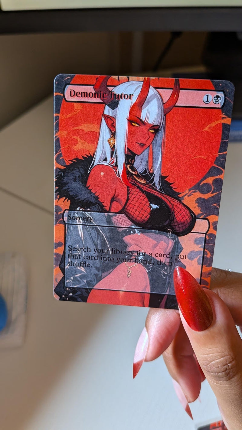 Real photo of the Demonic Tutor SFW physical proxy card