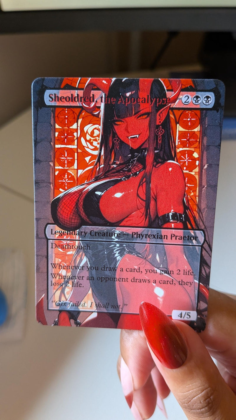 Real photo of the Sheoldred, the Apocalypse SFW physical proxy card